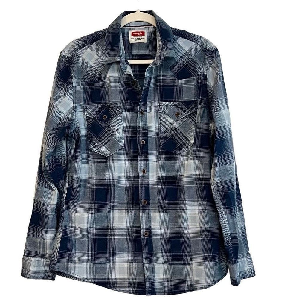 Wrangler Blue Plaid Button Up Long Sleeve Shirt Medium